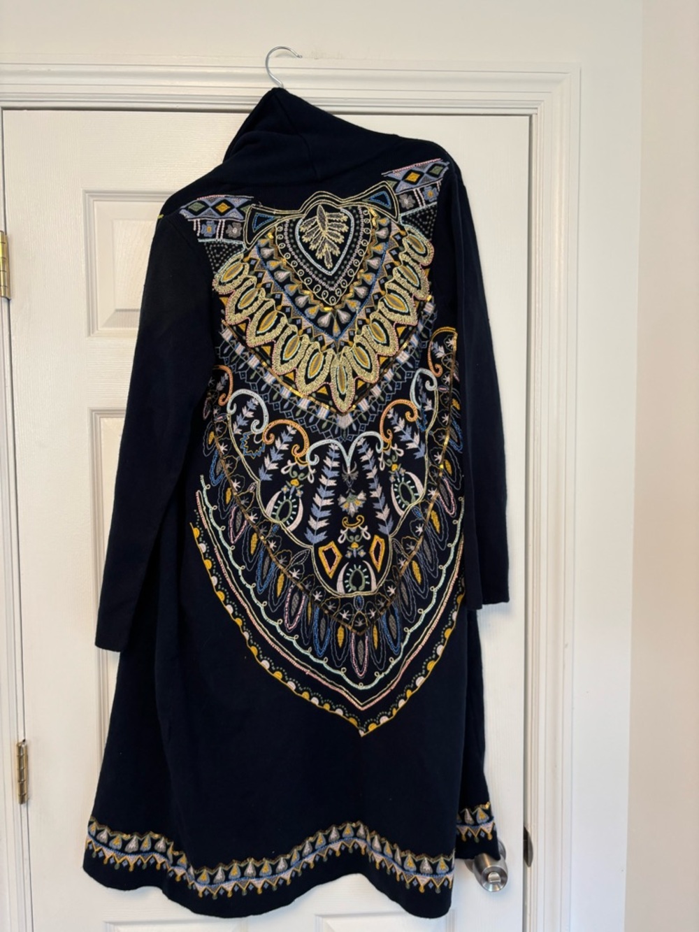 Soft Surroundings Navy Embroidered Long Duster Cardigan Sweater Size M Boho - Picture 2 of 11